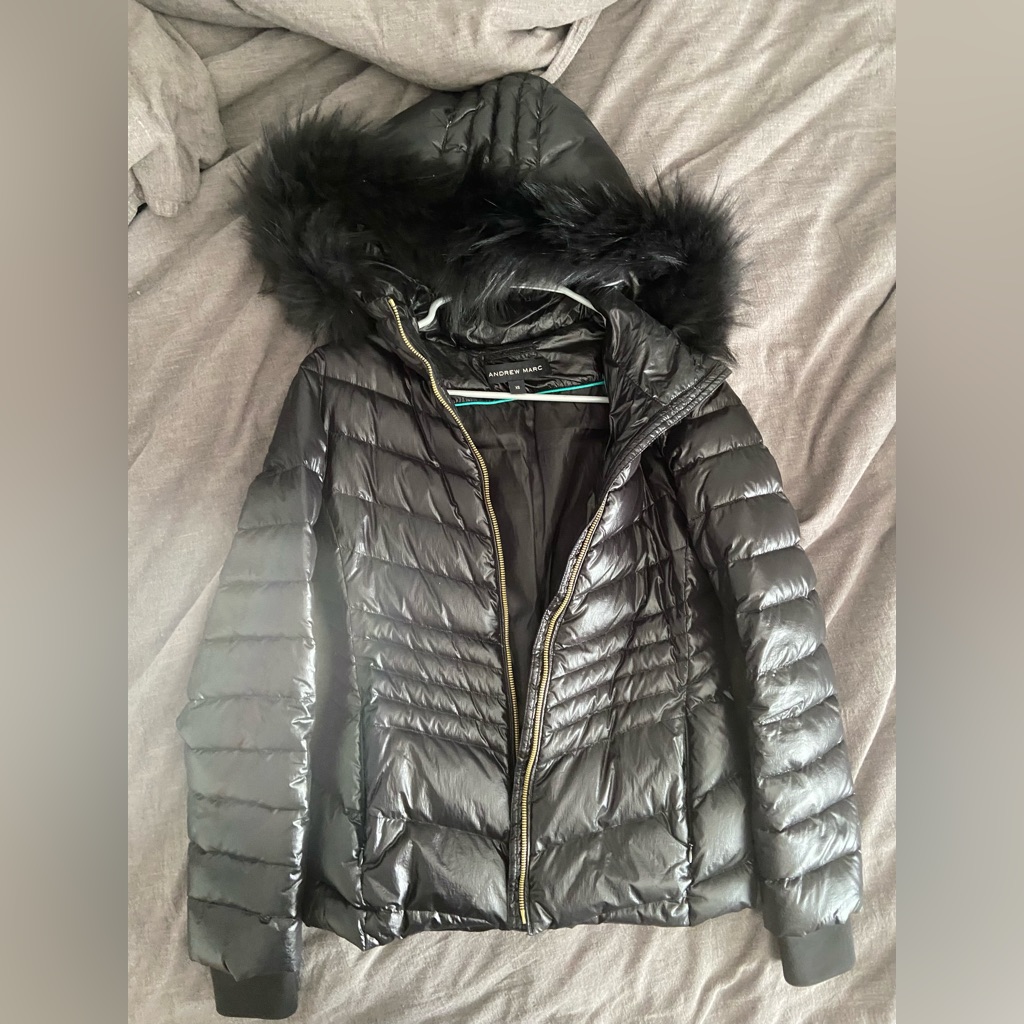 Andrew Marc Black Coat Racoon Real Fur Hood Size Xs